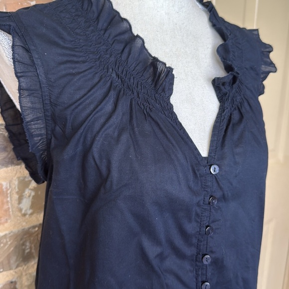 LOFT Midnight Navy Smocked Ruffled Neckline Flutter Cap Sleeve Cotton Blouse - Picture 2 of 9